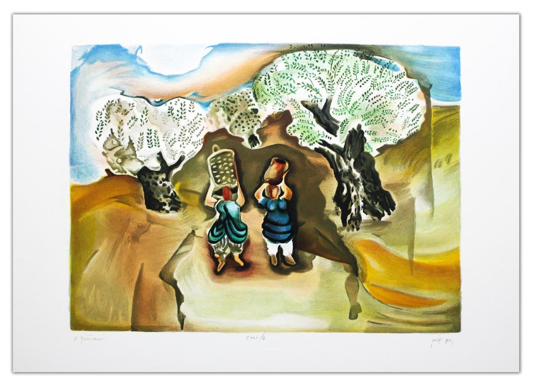 Nachum Gutman- Original Lithograph "Olive Pickers": Artist: Nachum Gutman. Medium: Original Lithograph. Title: Olive Pickers. Size: 20" x 27.5". Signature: Hand Signed and Numbered by the Artist. Certificate of Authenticity: Is Included. Reference#: 21
