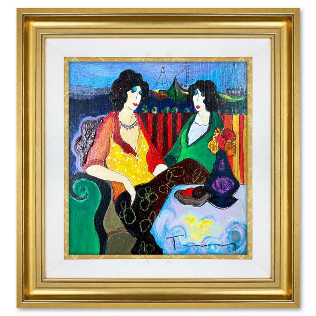 Itzchak Tarkay (1935-2012), "At the Port" Framed One-of-a-Kind Mixed Media Over Paint on Wood, Hand: At the Port is a one-of-a-kind mixed media over paint on wood by Itzchak Tarkay (1935-2012), hand signed by the artist. This piece comes custom framed. Includes Letter of Authenticity. Measures approx