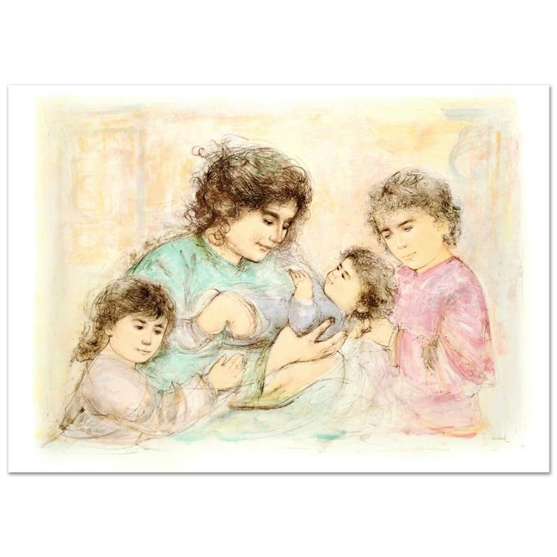 Marilyn and Children Limited Edition Lithograph (37" x 27") by Edna Hibel (1917-2014), Numbered and: Marilyn and Children is a limited edition lithograph on paper, numbered and hand signed by Edna Hibel (1917-2014). Includes Certificate of Authenticity! Measures approx. 41.5" x 30" (with border), 37"
