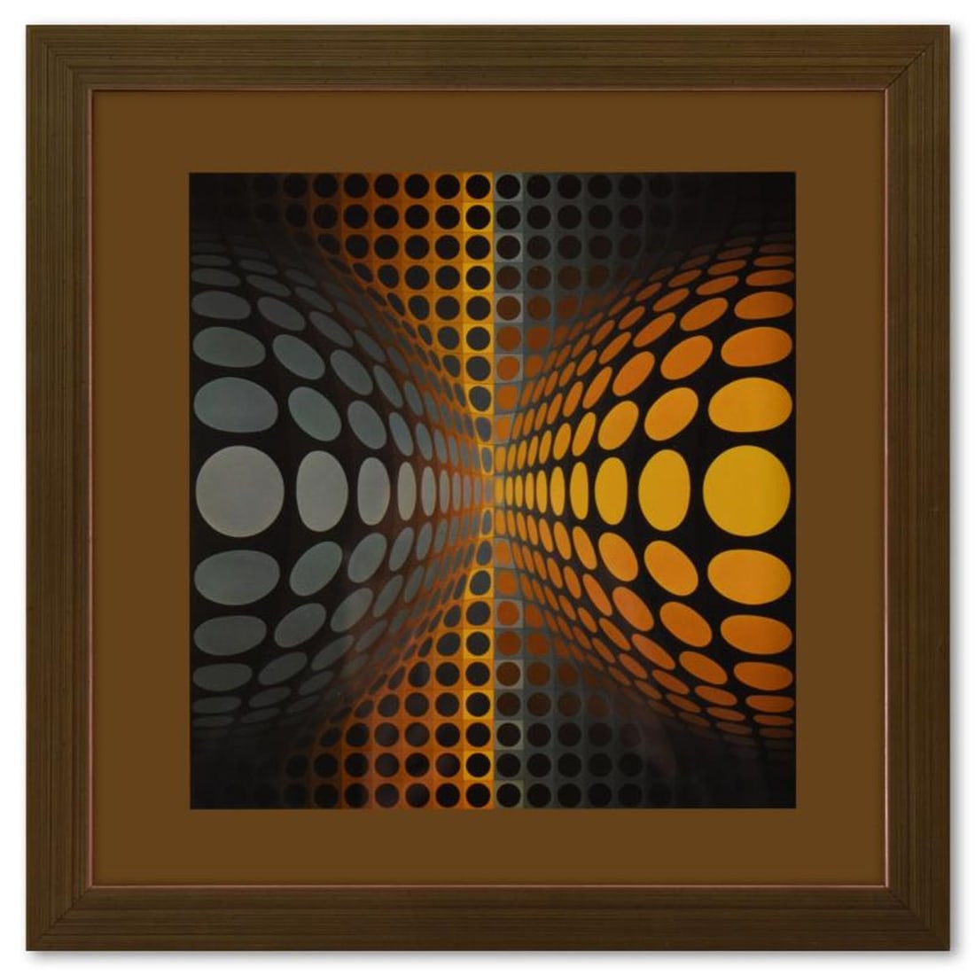 Victor Vasarely (1908-1997), "OND - JG de la serie Vega" Framed 1971 Heliogravure Print with Letter: OND - JG de la serie Vega is a heliogravure print on paper, published in 1971, by Victor Vasarely (1908-1997). This piece comes custom framed, with a letter of authenticity and with a 1976 Vasarely pa