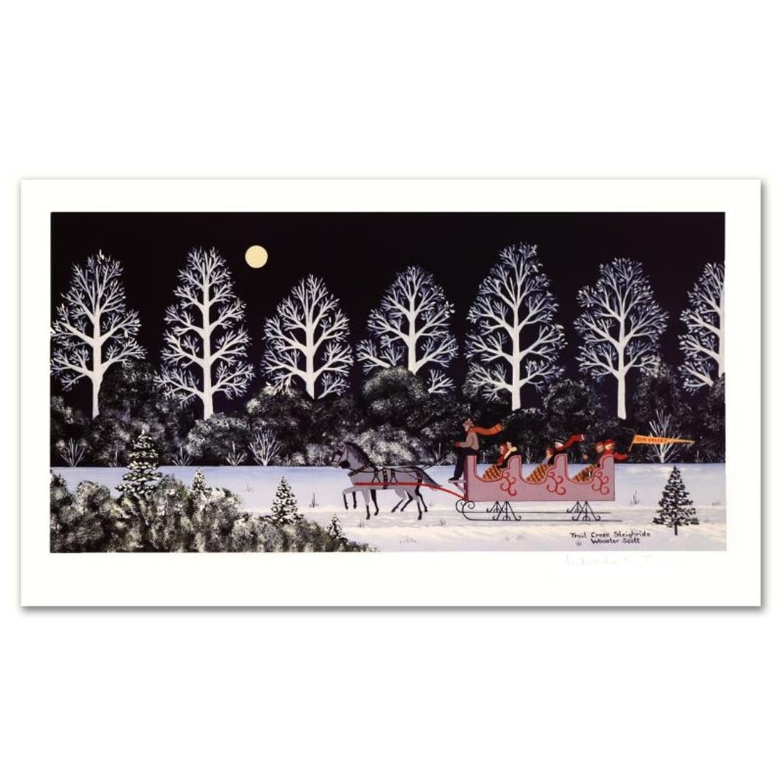 Jane Wooster Scott, "Trail Creek Sleigh Ride" Hand Signed Limited Edition Lithograph with Letter of: Trail Creek Sleighride is a limited edition lithograph on paper by Jane Wooster Scott. The piece is hand signed and numbered and comes with a letter of authenticity. Measures approx. 17.5" x 10" (with