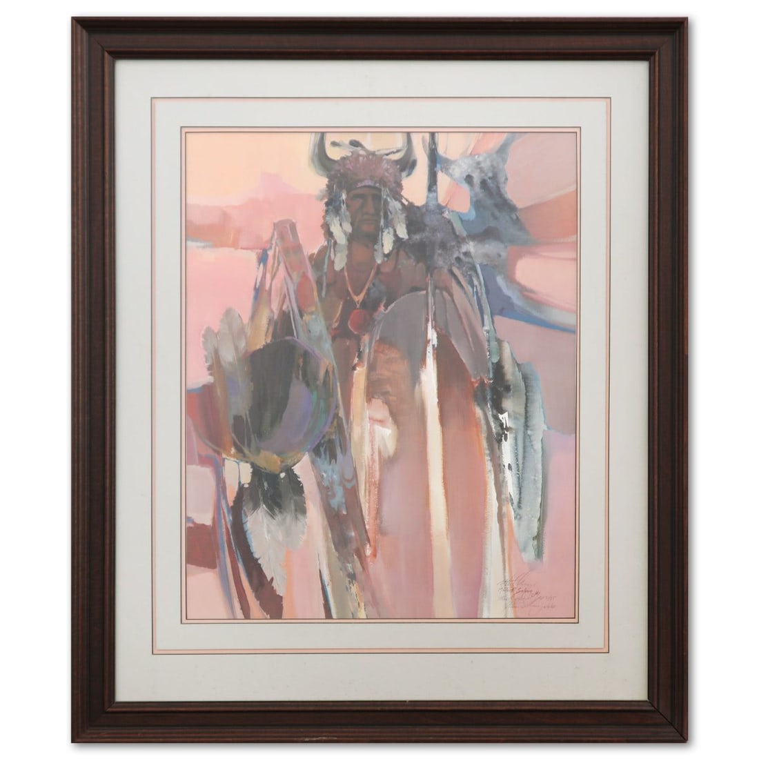 Morten F. Solberg- Offset Lithograph "Indian Warrior": Artist: Morten F. Solberg. Medium: Offset Lithograph. Title: Indian Warrior. Size: 21" x 16". Measures approx. 30" x 26" (framed). Signature: Signed and numbered. Additional: Disclaimer: The frame sho