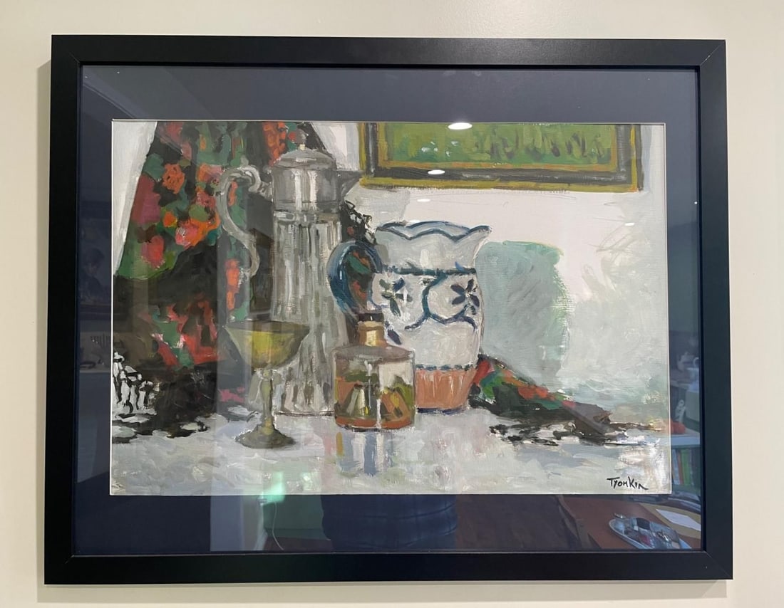 Boris Tyomkin- Acrylic on paper "Still Life (Gray & Red)": Artist: Boris Tyomkin. Medium: Acrylic on paper. Title: Still Life (Gray & Red). Size: 16" x 25". Signature: Hand Signed by the artist. Reference#: 55266.