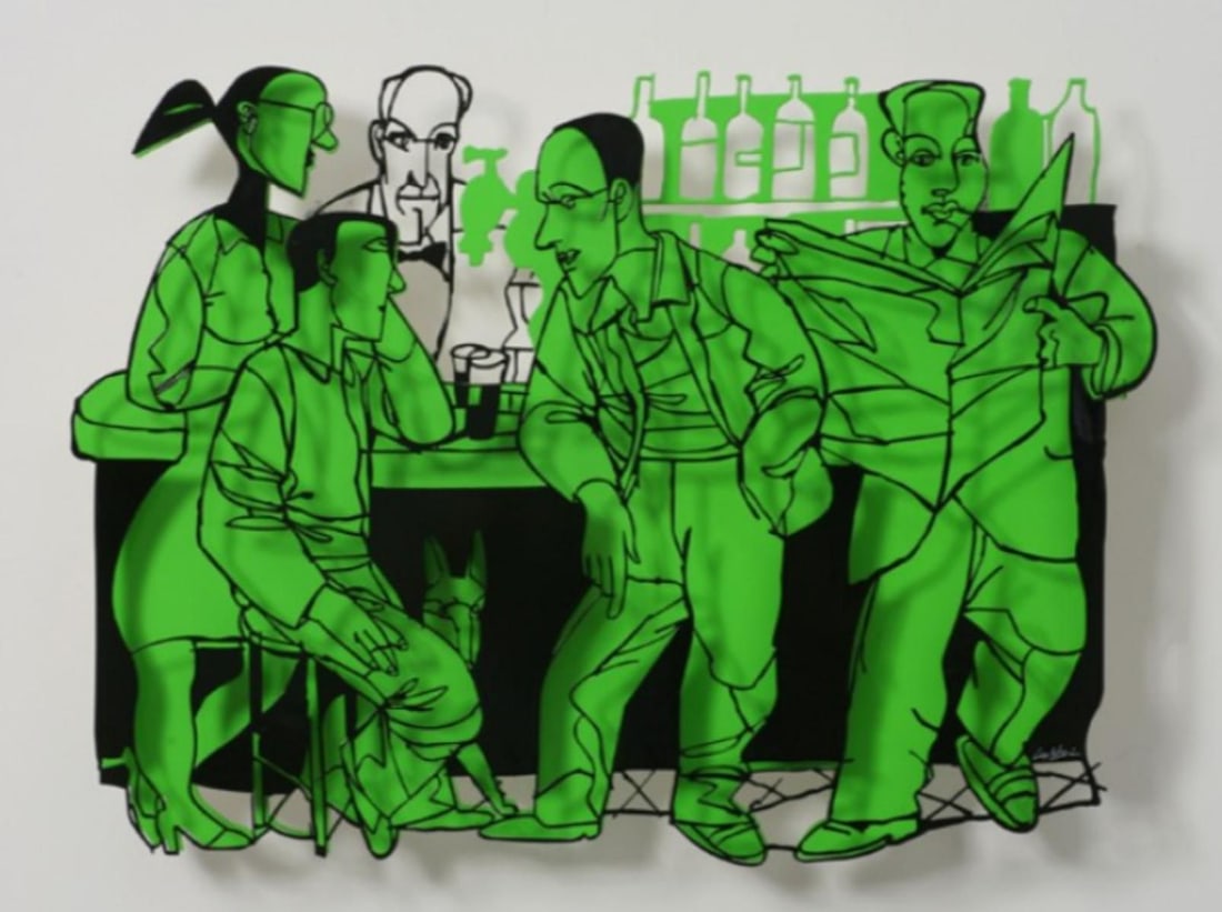 David Gerstein- Mixed Media Cutout Aluminum "Bar series - Bar people (green)": Artist: David Gerstein. Medium: Mixed Media Cutout Aluminum. Title: Bar series - Bar people (green). Size: 28" x 20". Signature: Signed and numbered. Certificate of Authenticity: Is included.