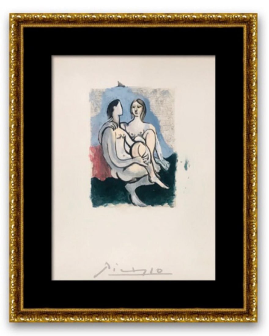 After Pablo Picasso- Lithograph on Arches Paper "La Couple": Artist: After Pablo Picasso. Medium: Lithograph on Arches Paper. Title: La Couple. Size: 29" x 22". Measures approx. 40" x 30" (framed). Certificate of Authenticity: Is included. Additional: Portfolio
