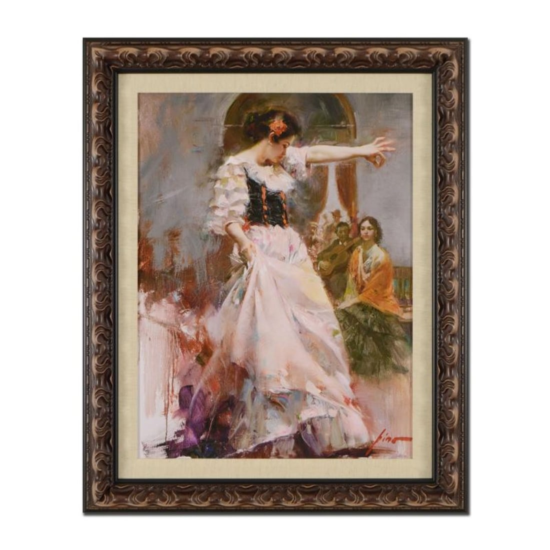 Pino (1939-2010), "Midnight Tango" Framed Limited Edition Hand Embellished Giclee on Canvas.: Pino's portraits allow glimpses into intensely personal, intimate spaces, conveying emotion through rich, warm color and sensual brushwork. "Midnight Tango" is a hand embellished limited edition gicle