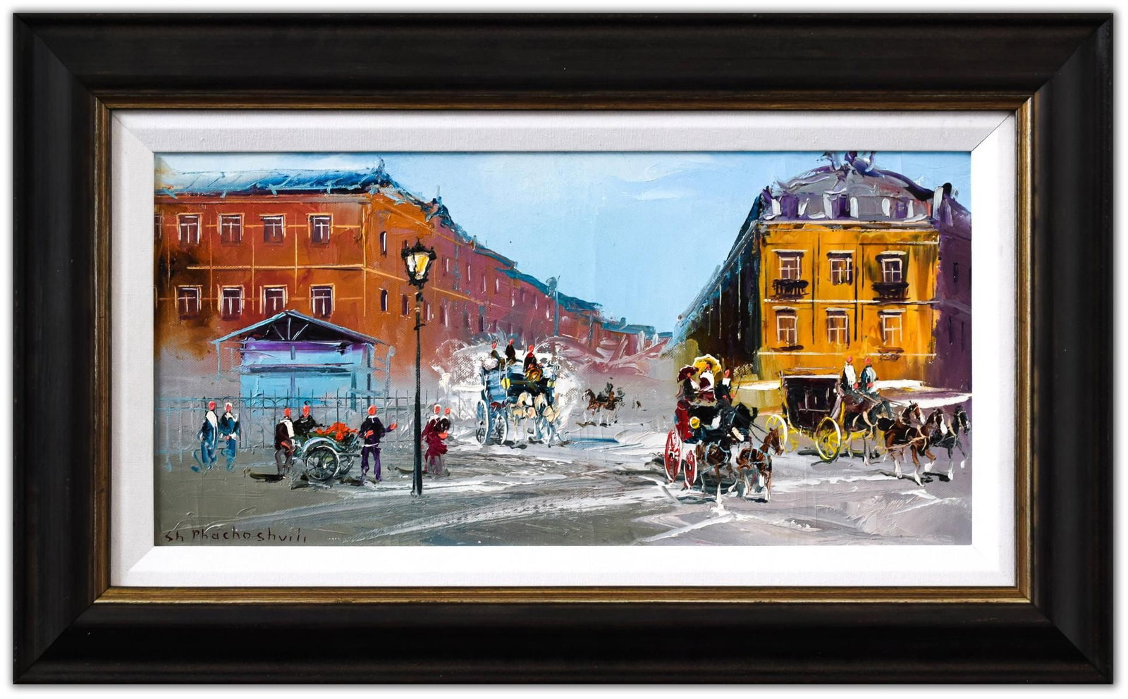 Shalva Phachoshvili- Original Oil on Canvas "Old Days": Artist: Shalva Phachoshvili. Medium: Original Oil on Canvas. Title: Old Days. Size: 9" x 19". Measures approx. 16" x 26" (framed). Signature: Hand Signed by the artist. Certificate of Authenticity: Fr