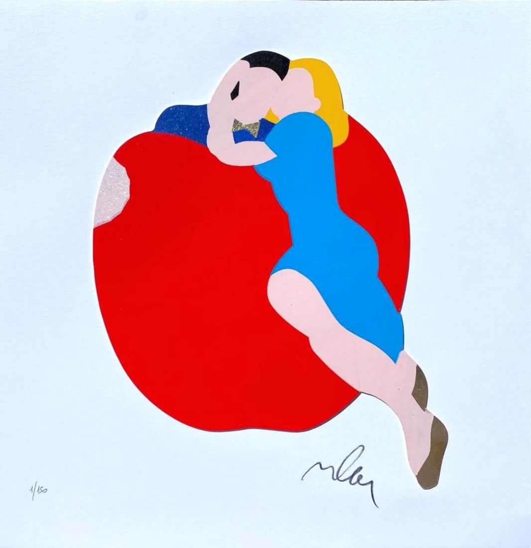 Marco Lodola- Original Serigraph on Paper with golden leaf "APPLE": Artist: Marco Lodola. Medium: Original Serigraph on Paper with golden leaf. Title: APPLE. Size: 16" x 16". Signature: Hand Signed and Numbered by the Artist. Certificate of Authenticity: Is Included. 