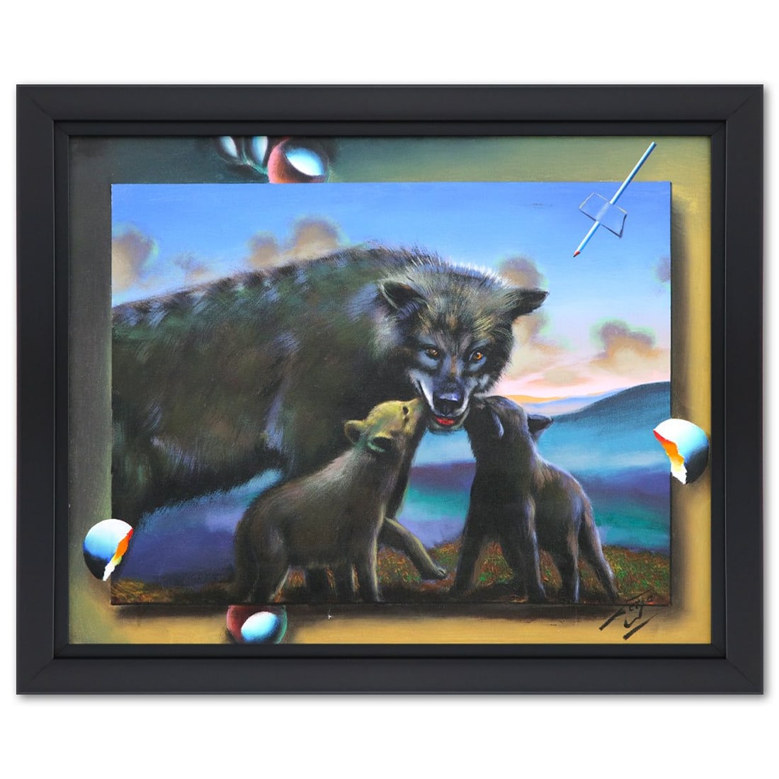 Ferjo- Original Painting on Canvas "Pup Kisses": Artist: Ferjo. Medium: Original Painting on Canvas. Title: Pup Kisses. Size: 21" x 27". Measures approx. 26" x 32" (framed). Signature: Hand signed. Certificate of Authenticity: is included. Reference