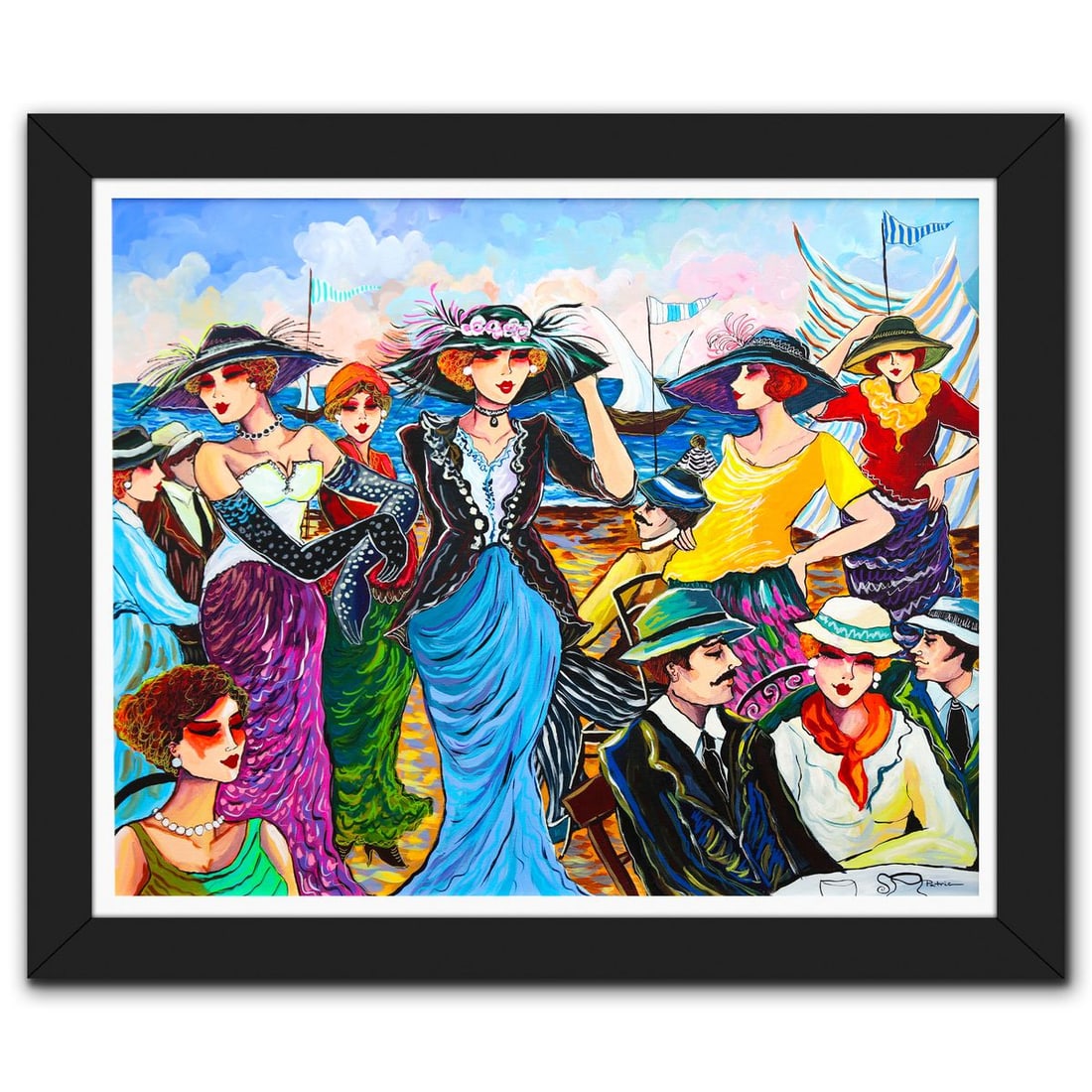 Patricia Govezensky- Original Acrylic on Canvas "Seaside Promenade": Artist: Patricia Govezensky. Medium: Original Acrylic on Canvas. Title: Seaside Promenade. Size: 24" x 30". Measures approx. 29.5" x 35" (framed). Signature: Hand signed. Certificate of Authenticity: 