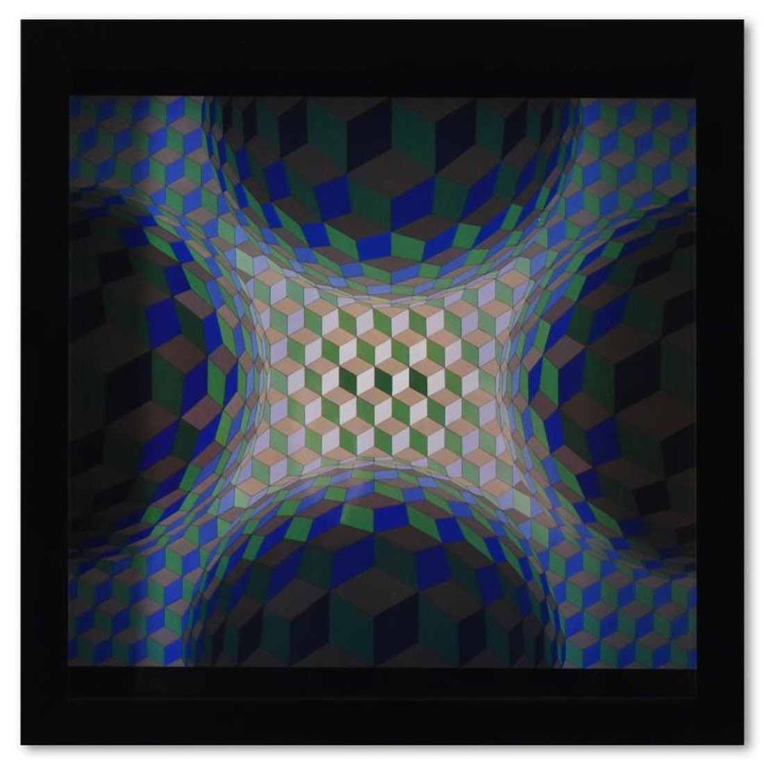 Victor Vasarely (1908-1997), "Cheyt - Stri - Ton de la serie Structures Universelles De L'Hexagone": Cheyt - Stri - Ton de la serie Structures Universelles De L'Hexagone is a heliogravure print on paper, published in 1975, by Victor Vasarely (1908-1997). This piece comes custom framed, with a letter 