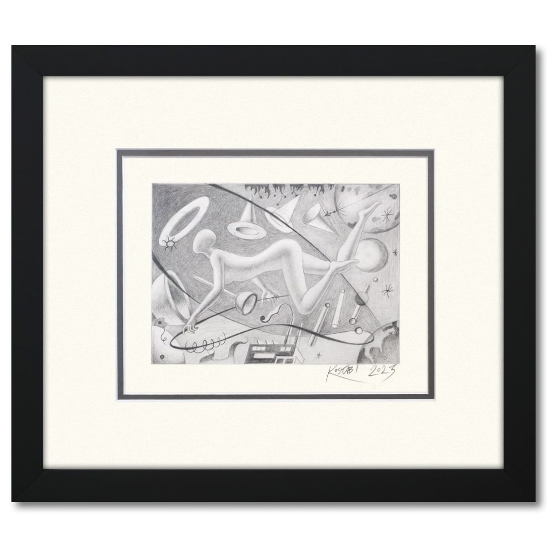Mark Kostabi- Original Drawing on Paper "Navigating The Infinite": Artist: Mark Kostabi. Medium: Original Drawing on Paper. Title: Navigating The Infinite. Size: 6" x 9". Measures approx. 16.5" x 19" (framed). Signature: Hand signed by the artist. Certificate of Auth