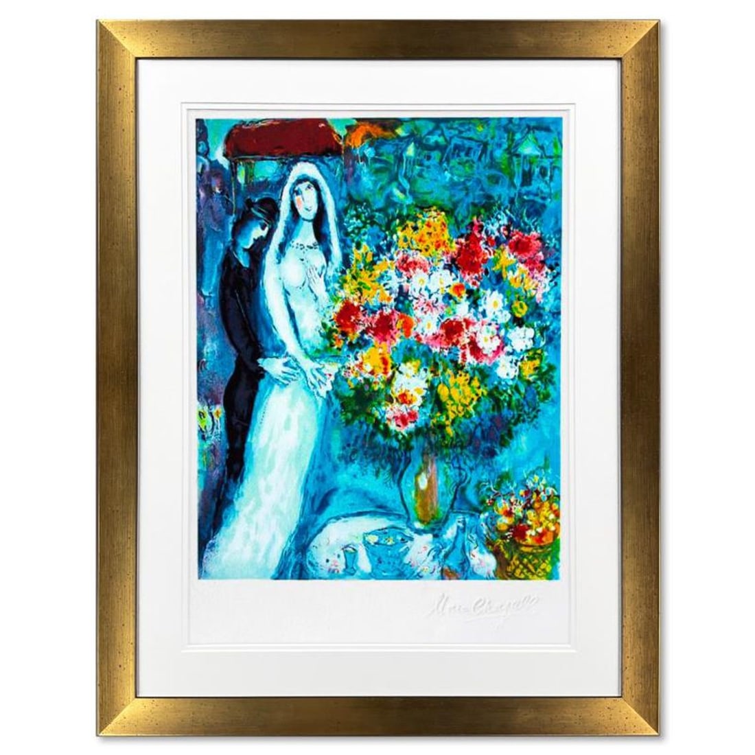 Marc Chagall (1887-1985), "Bridal Bouquet" Framed Limited Edition Lithograph with Letter of: Bridal Bouquet is a framed limited edition lithograph on paper by Marc Chagall (1887-1985). Printed by Atelier Tete a Tete in Paris and authorized by the Chagall Estate and ADAGP Paris , the piece is 