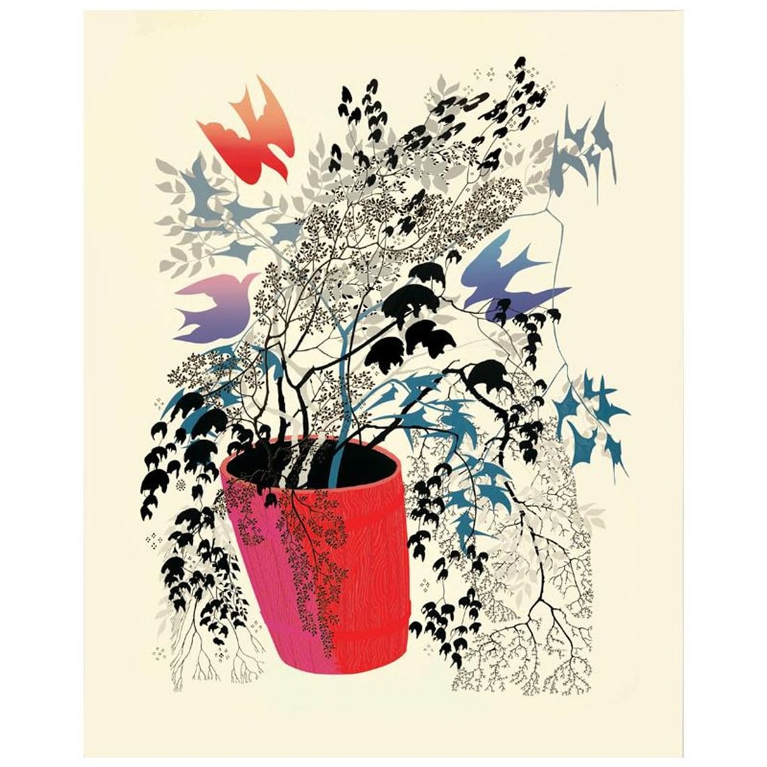 Eyvind Earle (1916-2000), "Red Barrel" Limited Edition Serigraph. Hand Signed and Certificate of: Red Barrel is a limited edition serigraph on paper by Eyvind Earle (1916-2000). The piece is numbered, hand-signed by the artist, and accompanied by a certificate of authenticity. Measures approximate