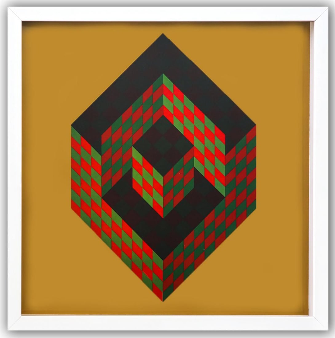 Victor Vasarely- Heliogravure Print "Untitled": Artist: Victor Vasarely. Medium: Heliogravure Print. Title: Untitled. Size: 10" x 10". Measures approx. 12" x 12" (framed). Additional: Custom Framed. Reference#: 21439.