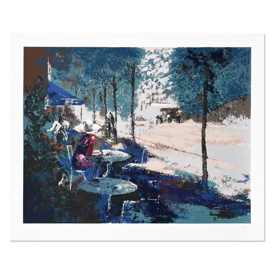 Mark King (1931-2014), "Sidewalk Cafe" Limited Edition Serigraph, Numbered and Hand Signed with: Sidewalk Cafe is a limited edition serigraph on paper by Mark King (1931-2014), numbered and hand signed by the artist. Includes Letter of Authenticity. Measures approx. 35" x 45" (border), 30" x 40" 