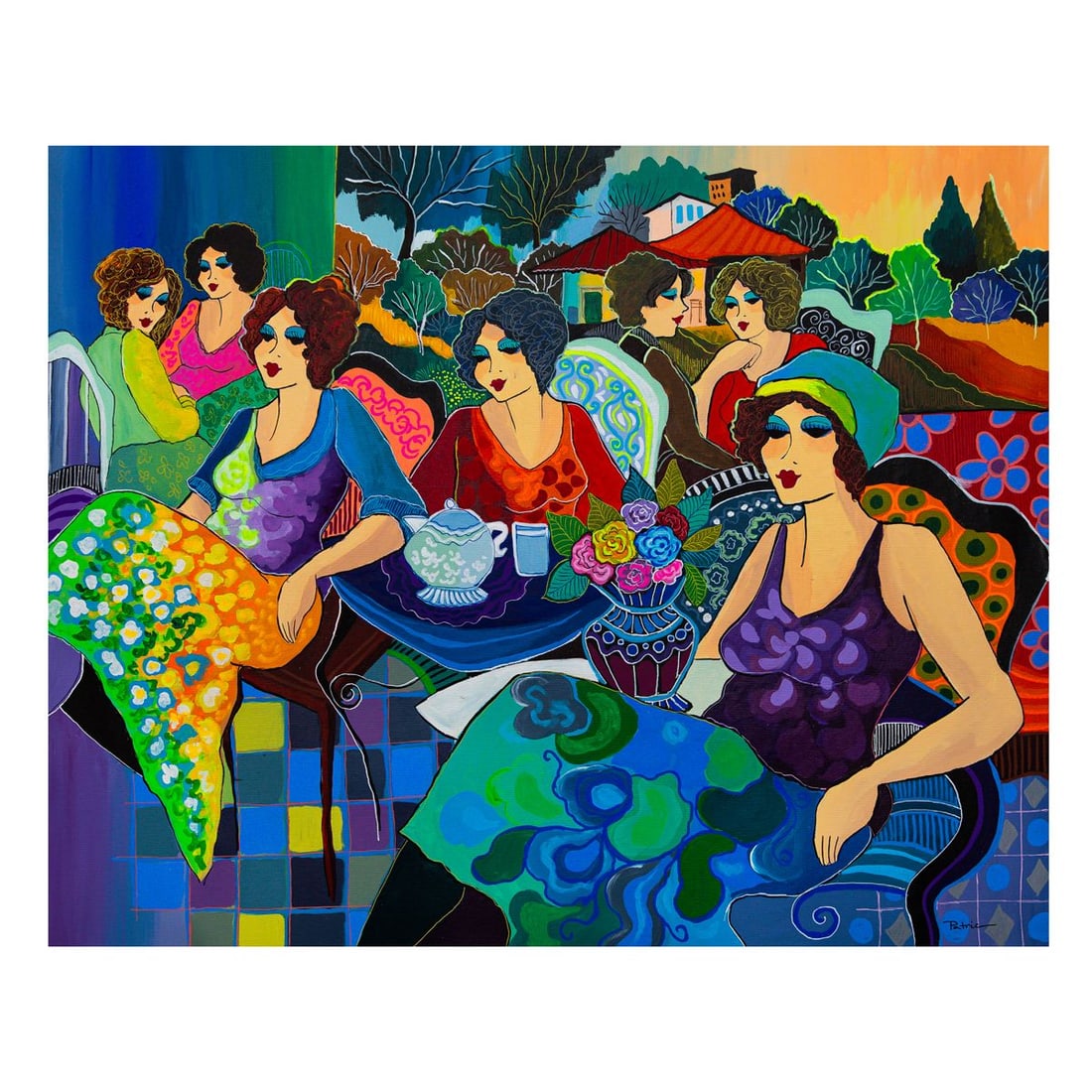 Patricia Govezensky- Original Acrylic on Canvas "Tea Among Friends": Artist: Patricia Govezensky. Medium: Original Acrylic on Canvas. Title: Tea Among Friends. Size: 24" x 30". Signature: Hand Signed by the Artist. Certificate of Authenticity: Is included. Reference#: 