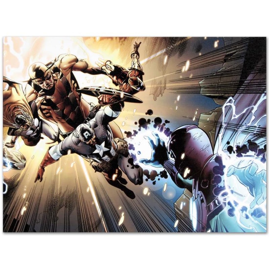 Marvel Comics "Captain America: Man Out Of Time #5" Numbered Limited Edition Giclee on Canvas by: A piece of comic book history, this limited edition, from original art by Bryan Hitch, depicts the heroic Captain America. British artist Bryan Hitch was inspired by comic books at an early age. Not o