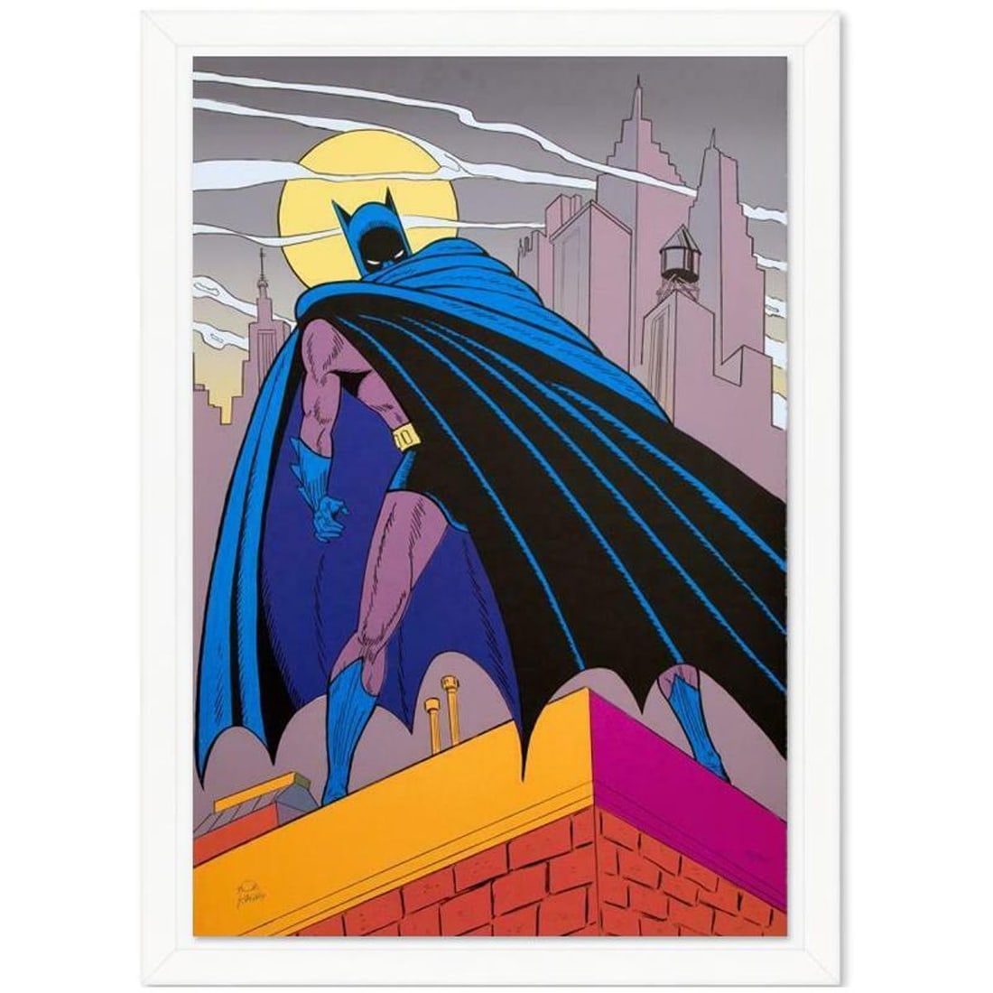 Bob Kane (1915-1998), "Batman Over Gotham" Framed Hand Signed Limited Edition Original Lithograph: Batman Over Gotham is a 1989 limited edition original lithograph on paper by Bob Kane (1915-1998), creator of the DC comics character. This piece is numbered and hand signed by Bob Kane and comes fram