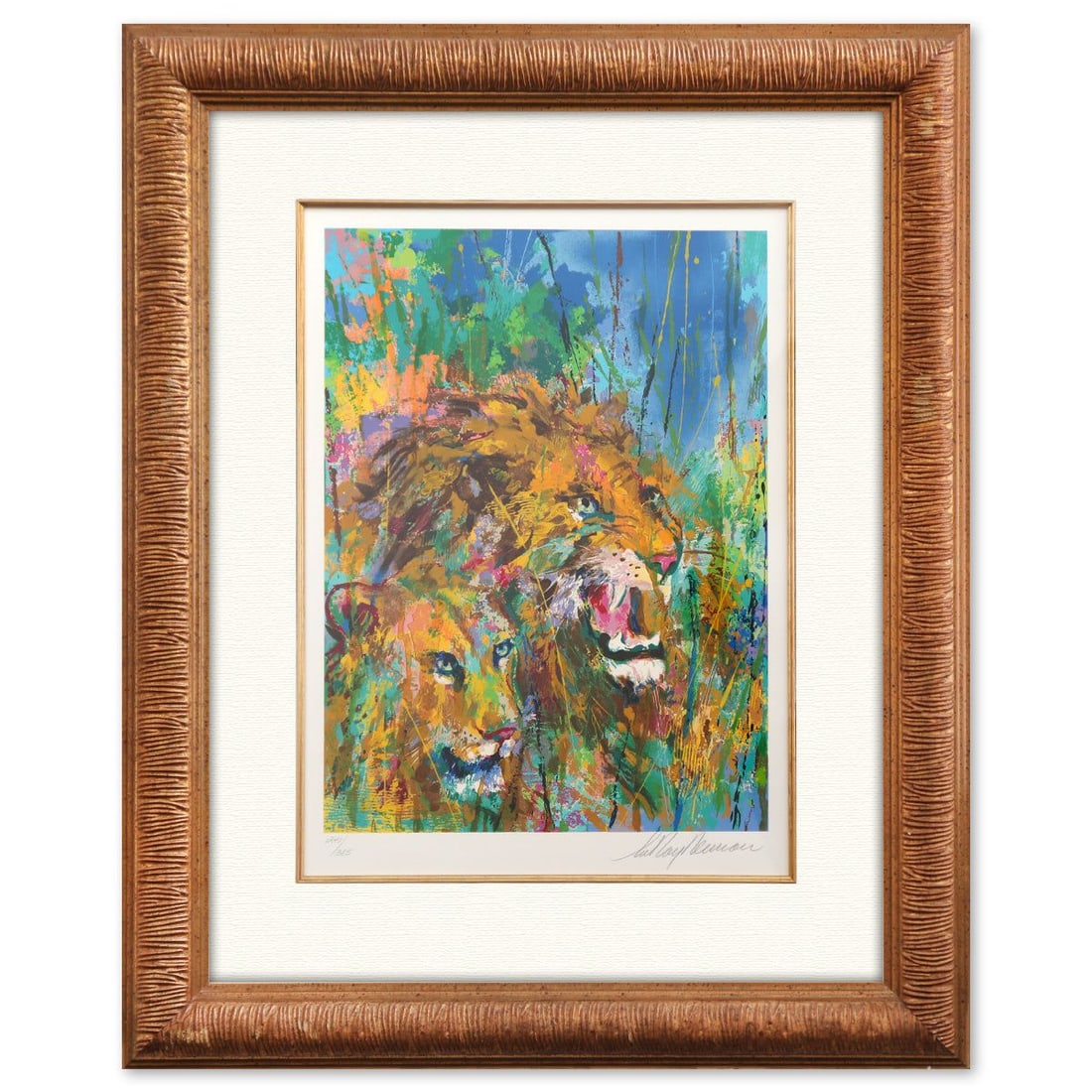 LeRoy Neiman- Serigraph "Lions": Artist: LeRoy Neiman. Medium: Serigraph. Title: Lions. Size: 25" x 18". Measures approx. 39" x 31" (framed). Signature: Signed and numbered. Additional: Disclaimer: The frame shows some signs of wear 