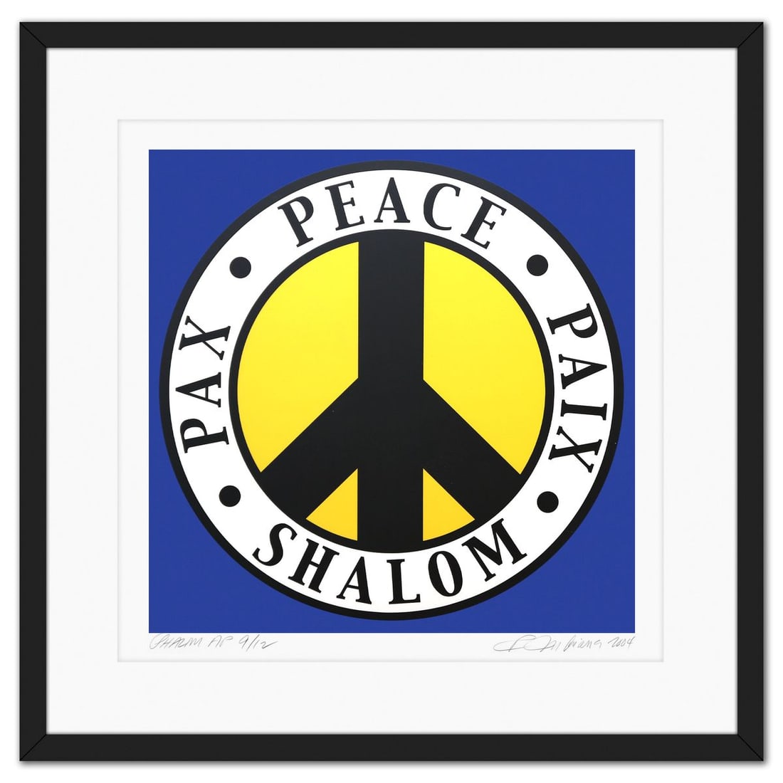 Robert Indiana- Screenprint in colors on wove paper "Tel Aviv Peace": Artist: Robert Indiana. Medium: Screenprint in colors on wove paper. Title: Tel Aviv Peace. Size: 29" x 29". Measures approx. 40" x 40" (framed). Signature: Hand signed and numbered. Certificate of Au
