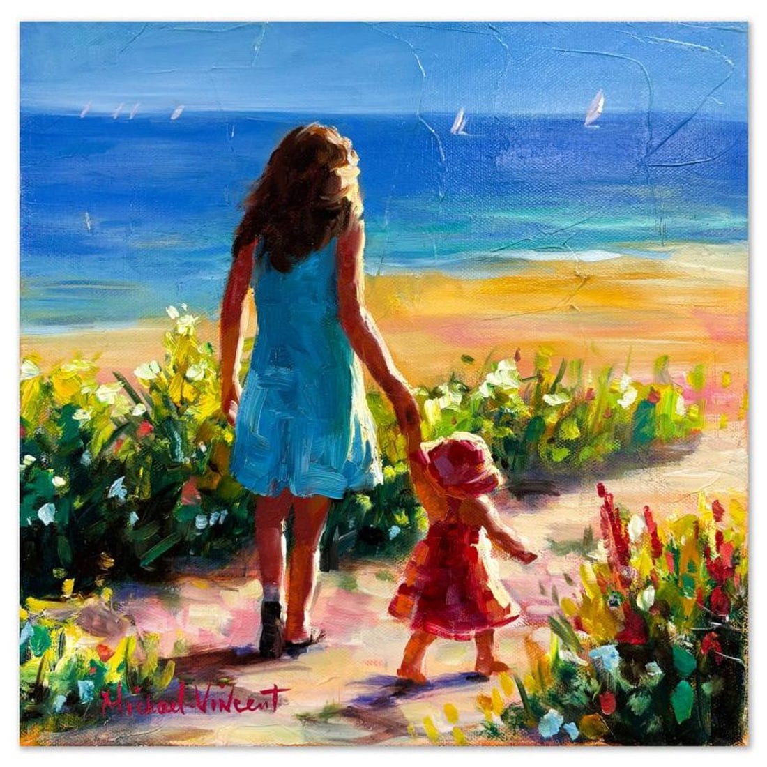 Michael Vincent, "A Walk to Baby Beach" Original Painting on Canvas, Hand Signed with Letter of: A Walk to Baby Beach is an original painting on stretched canvas by Michael Vincent, hand signed by the artist. Includes Letter of Authenticity. Measures approx. 14" x 14" (image).