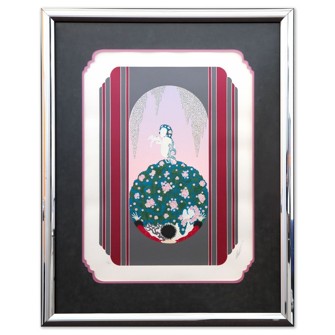 Erte- Screenprint in colors "The Spring Dress of Venus": Artist: Erte. Medium: Screenprint in colors. Title: The Spring Dress of Venus. Size: 30" x 22". Measures approx. 41" x 33" (framed). Signature: Hand signed and numbered. Certificate of Authenticity: I