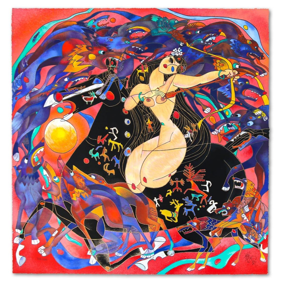 Jian Tie Feng- Serigraph "Huntress": Artist: Jian Tie Feng. Medium: Serigraph. Title: Huntress. Size: 33" x 33". Signature: Hand Signed and Numbered. Reference#: 80561.