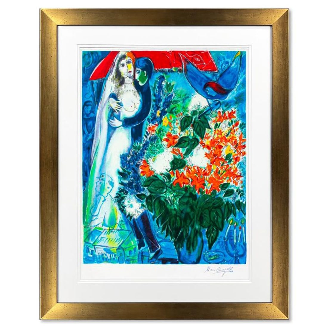 Marc Chagall (1887-1985), "Maries Sous Le Baldaquin" Framed Limited Edition Serigraph with Letter of: Maries Sous Le Baldaquin is a framed limited edition serigraph on paper by Marc Chagall (1887-1985). Authorized by the Chagall Estate and ADAGP Paris , the piece is plate signed and comes with a
