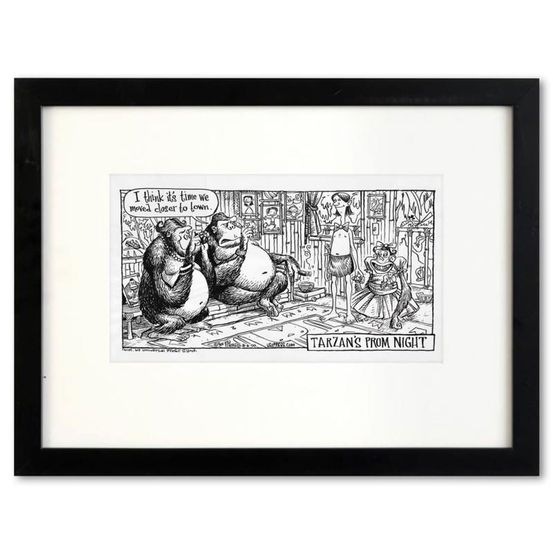 Bizarro, "Tarzan's Prom Night" is a Framed Original Pen & Ink Drawing by Dan Piraro, Hand Signed: Enter a surreal and satirical world of twisted imagination and award winning creativity. "Tarzan's Prom Night" is an original pen & ink drawing on paper by Dan Piraro, creator of the critically acclai