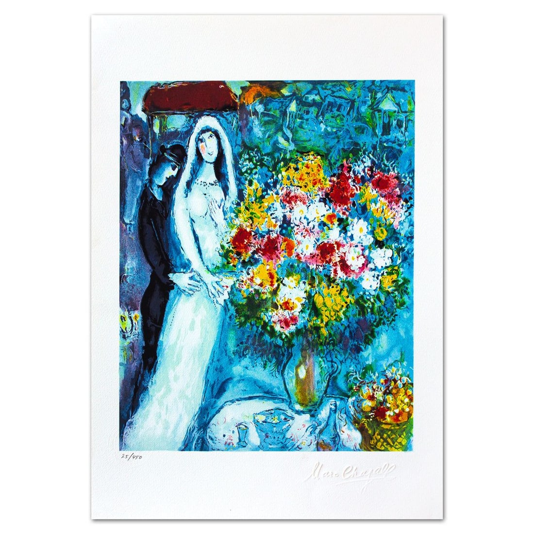 Marc Chagall- Lithograph "Bridal Bouquet": Artist: Marc Chagall. Medium: Lithograph. Title: Bridal Bouquet. Size: 19.5" x 13.5". Signature: Stamp signed and numbered. Certificate of Authenticity: Is included. Additional: Printed by Atelier