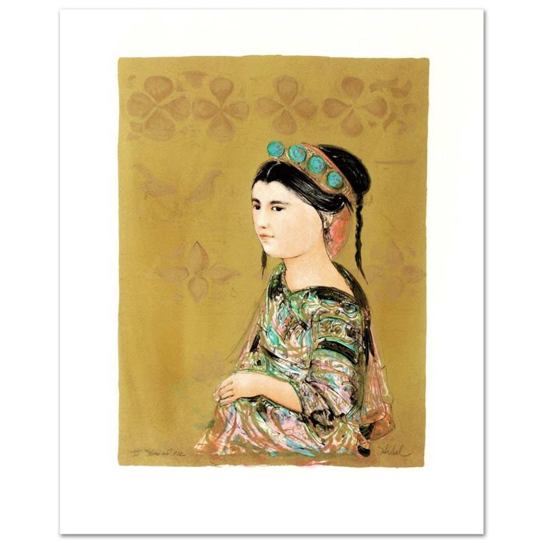 Hill Tribe Maiden Limited Edition Lithograph by Edna Hibel (1917-2014), Numbered and Hand Signed: Hill Tribe Maiden is a limited edition lithograph on paper, numbered and hand signed by Edna Hibel (1917-2014). Includes Certificate of Authenticity! Measures approx. 18" x 22.5" (with border), 12.5" 