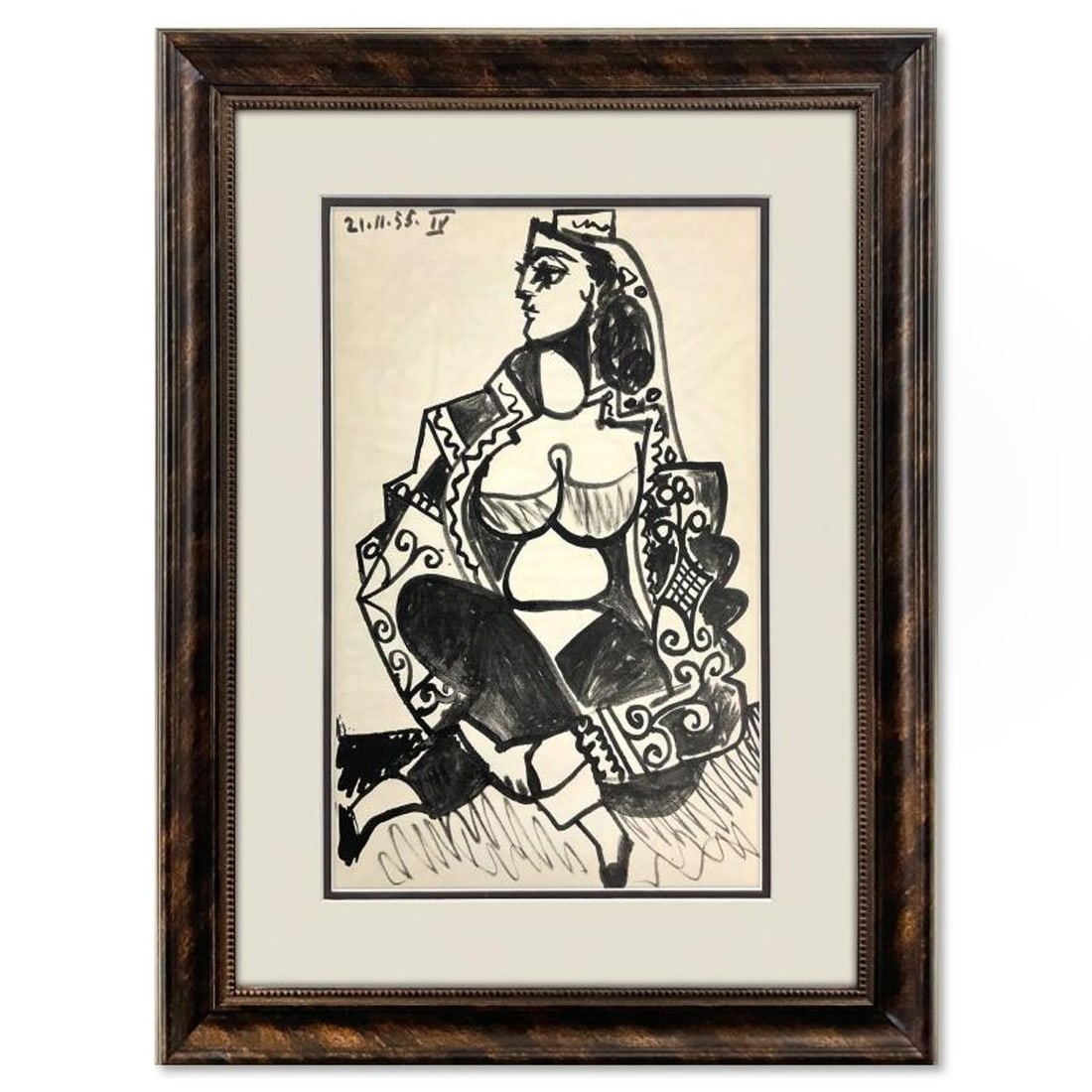 Pablo Picasso (1881-1973), "Carnet de Californie 21.11.55-IV" Framed Vintage Lithograph on Paper: Carnet de Californie 21.11.55-IV is a vintage lithograph on paper by Pablo Picasso (1881-1973). This piece is from Picasso's Carnet de Californie Series and was printed in Paris, France by Mourlot Stu