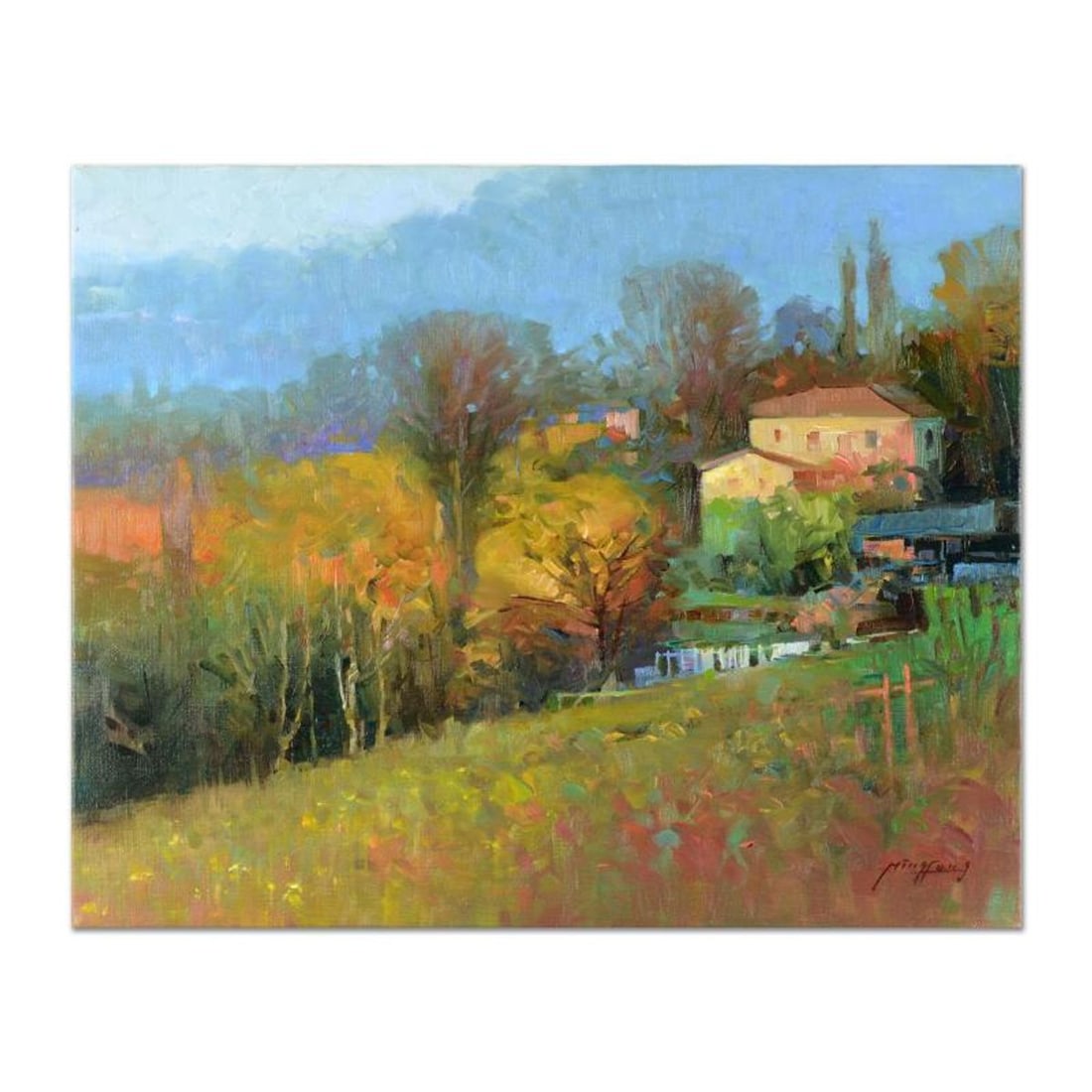 Ming Feng, "Wooded Estate" Original Oil Painting on Canvas, Hand Signed with Letter of Authenticity.: Wooded Estate is an original oil painting on stretched canvas by Ming Feng, hand signed by the artist. Includes Letter of Authenticity. Measures approx. 20" x 16" (image).