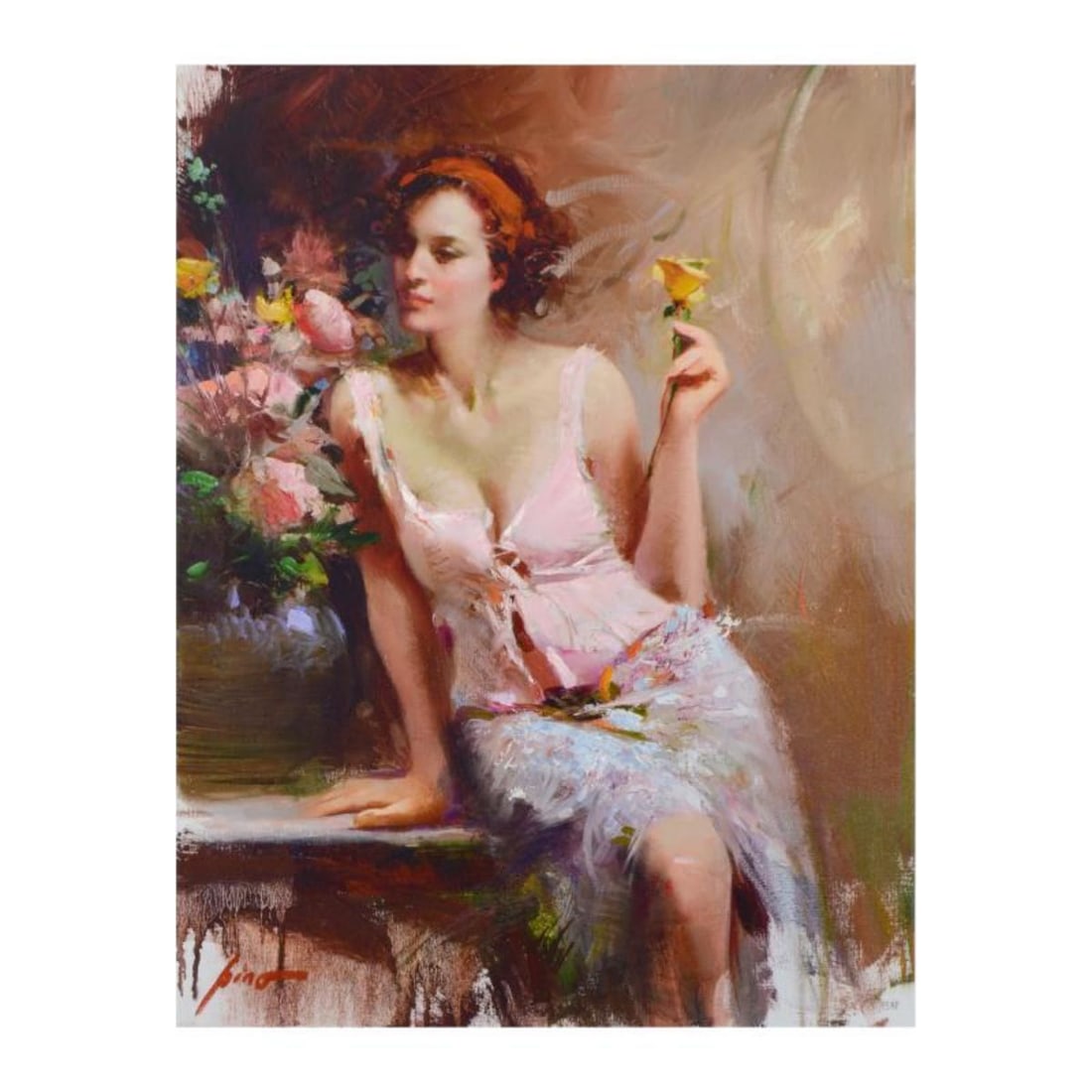 Pino (1939-2010)- Hand Embellished Giclee on Canvas "Sweet Scent": Artist: Pino (1939-2010). Medium: Hand Embellished Giclee on Canvas. Title: Sweet Scent. Size: 26" x 20". Signature: Hand Signed and Numbered by the artist. Certificate of Authenticity: From the publi