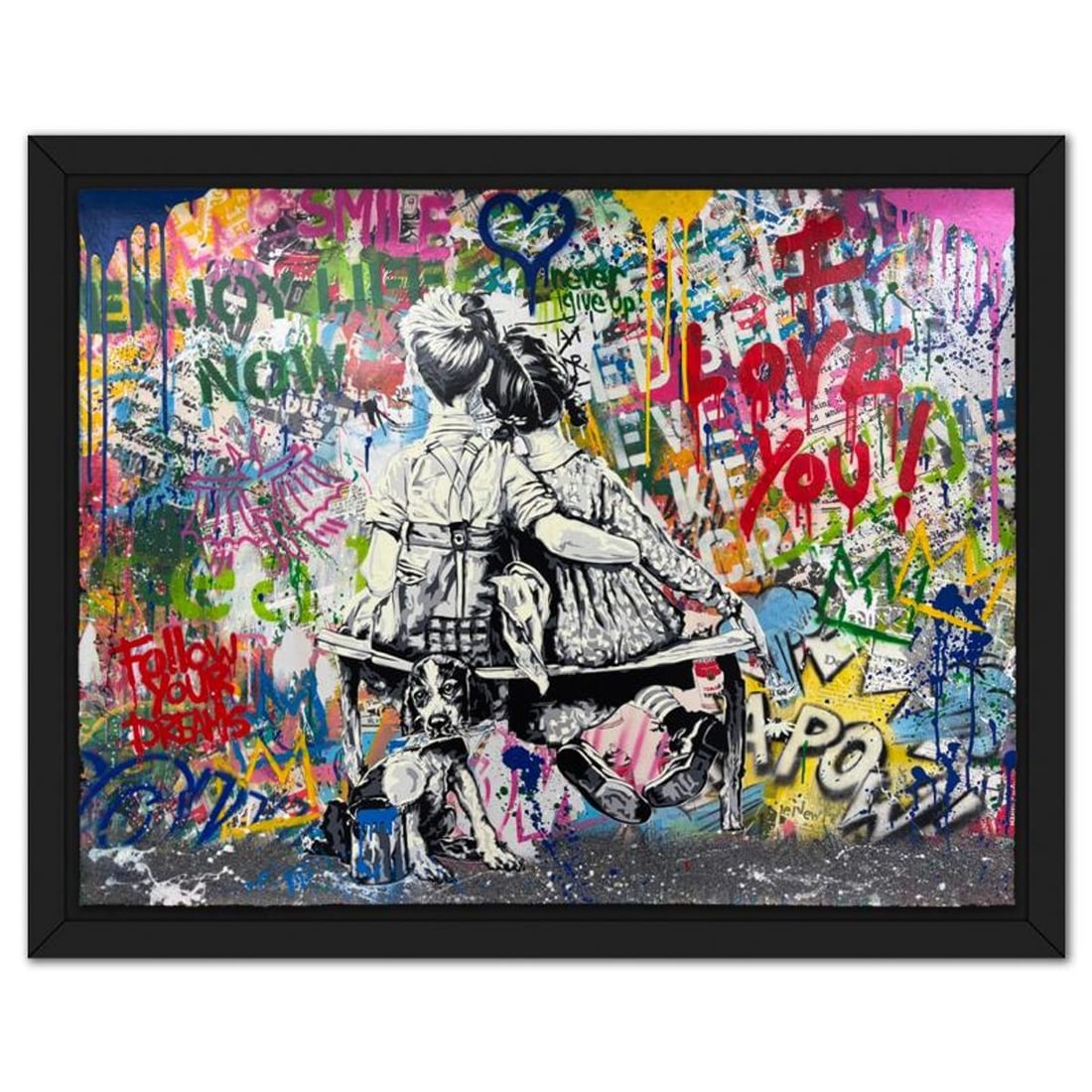Mr Brainwash, '"Work Well Together" Framed Mixed Media Original, Hand Signed with Certificate of: Work Well Together is a mixed media original on deckle edge paper by Mr Brainwash, hand signed and thumbprinted inverso by the artist. This piece comes custom framed. Includes Certificate of Authentic