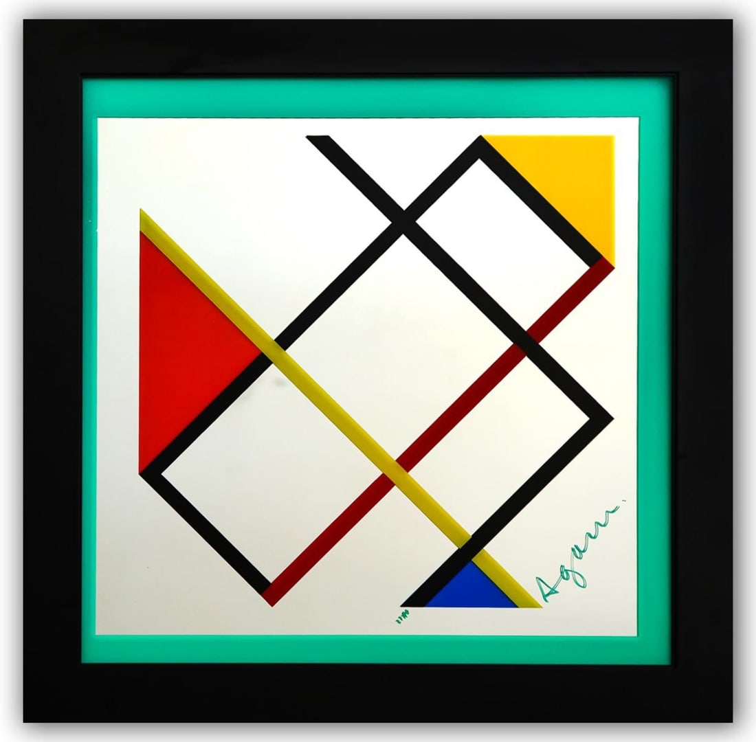 Yaacov Agam- Color Serigraph with Pigments on Glass Mirror "Homage to Mondrian": Artist: Yaacov Agam. Medium: Color Serigraph with Pigments on Glass Mirror. Title: Homage to Mondrian. Size: 28" x 28". Measures approx. 34" x 34" (framed). Signature: Hand Signed and Numbered by the 