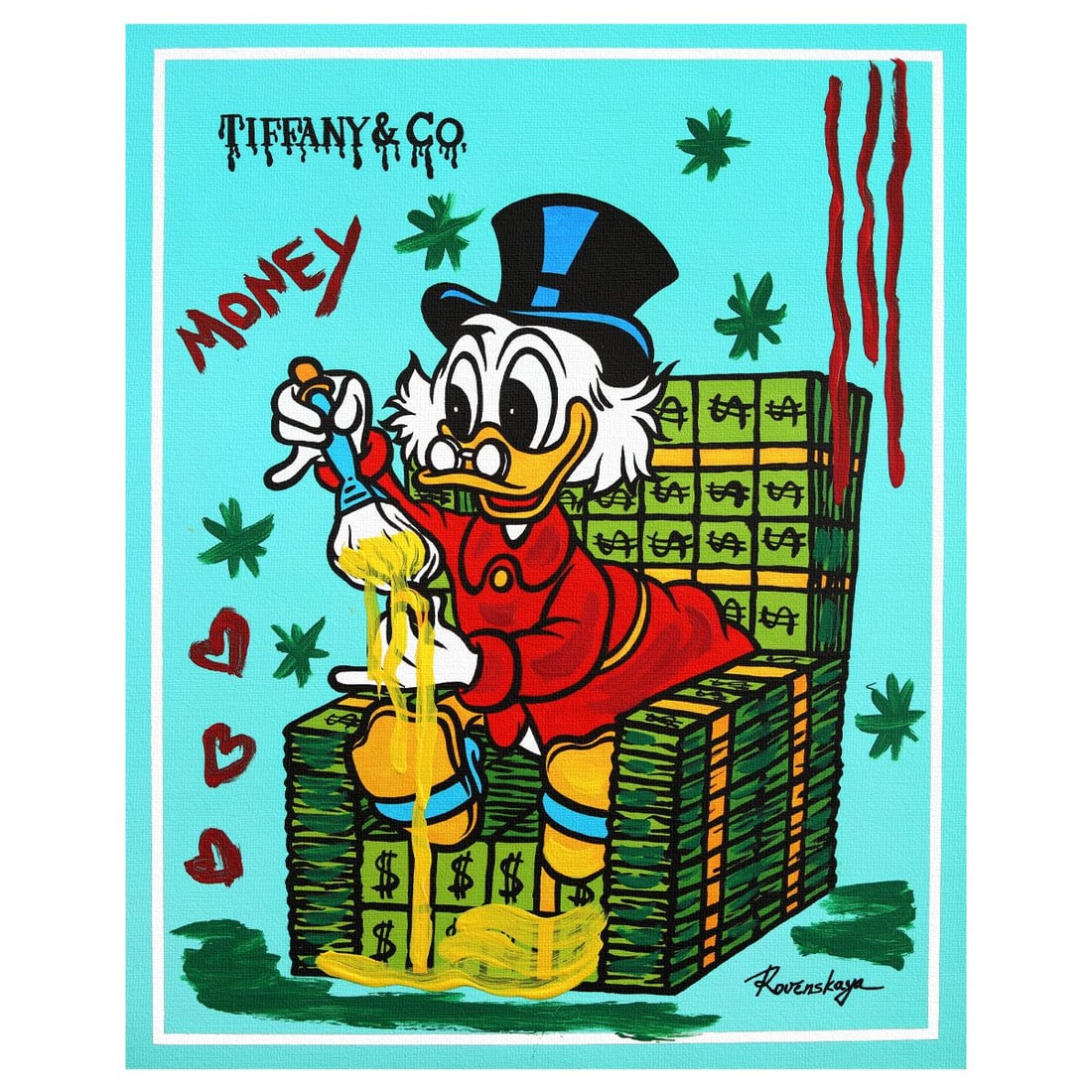 Nastya Rovenskaya- Original Mixed Media on Canvas "Dripping in Dollars": Artist: Nastya Rovenskaya. Medium: Original Mixed Media on Canvas. Title: Dripping in Dollars. Size: 20" x 16". Signature: Hand Signed by the artist. Certificate of Authenticity: From the publisher. R