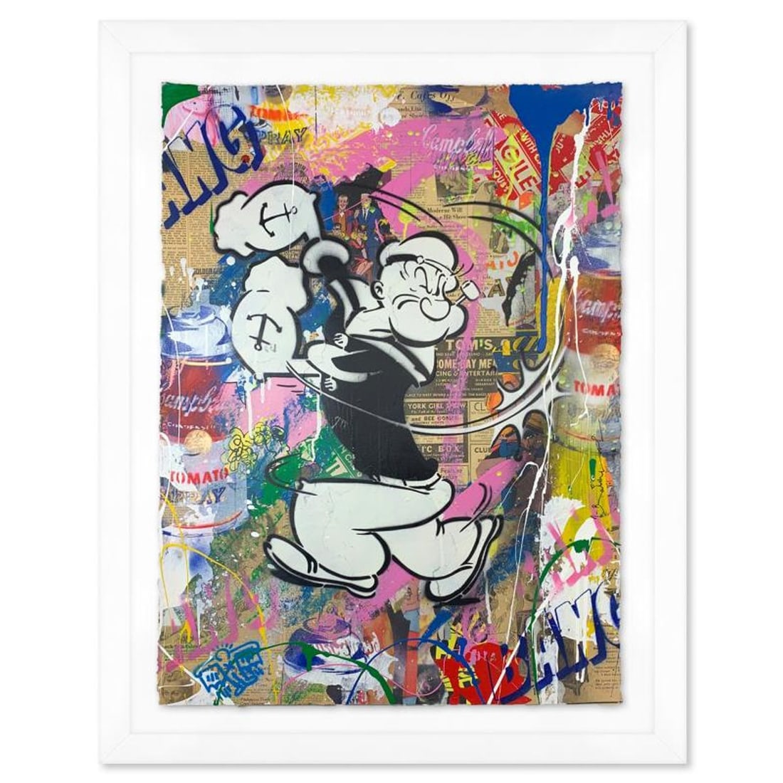 Mr. Brainwash, "Popeye" Framed Mixed Media Original, Hand Signed with Certificate of Authenticity.: Popeye is a mixed media original on deckle edge paper by Mr. Brainwash, hand signed by the artist. This piece comes custom framed. Includes Certificate of Authenticity. Measures approx. 34" x 26" (fra