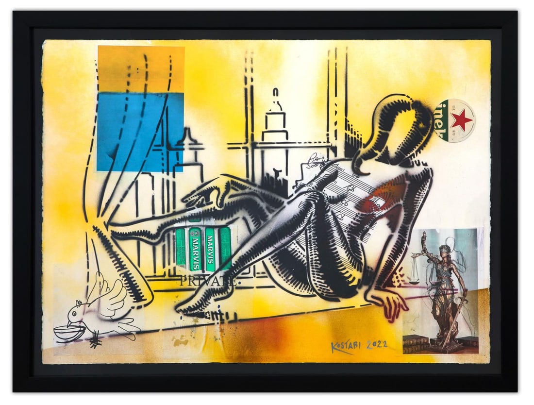 Mark Kostabi- Original Mixed Media on Paper "When Chances Breath, 2022": Artist: Mark Kostabi. Medium: Original Mixed Media on Paper. Title: When Chances Breath, 2022. Size: 30" x 40". Measures approx. 35" x 47" (framed). Signature: Hand Signed by the artist. Certificate o