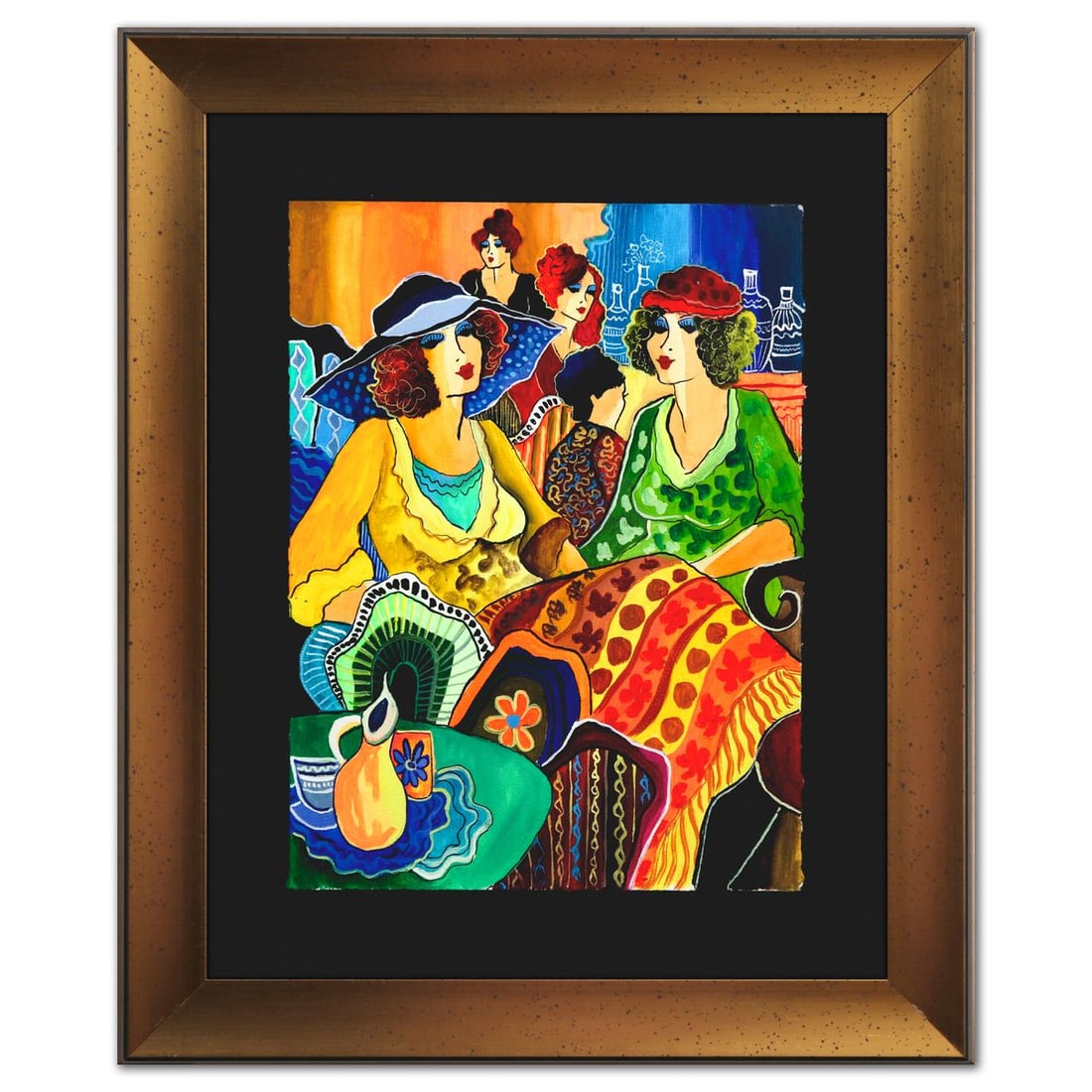 Patricia Govezensky- Original Watercolor "The Salon Conversation": Artist: Patricia Govezensky. Medium: Original Watercolor. Title: The Salon Conversation. Size: 15" x 11". Measures approx. 22" x 18" (framed). Signature: Hand signed. Certificate of Authenticity: Is i