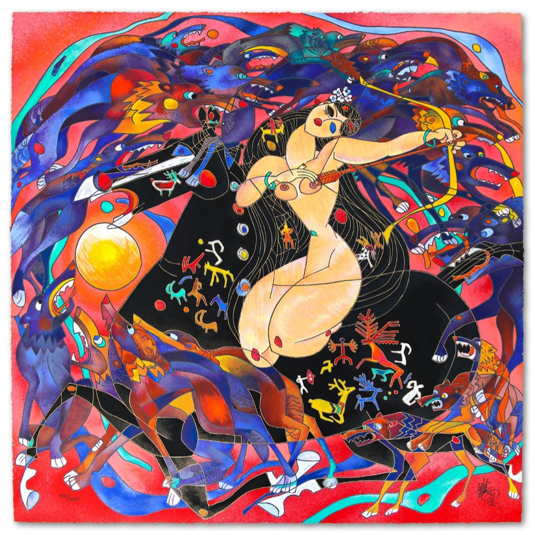 Jian Tie Feng- Silkscreen "Huntress": Artist: Jian Tie Feng. Medium: Silkscreen. Title: Huntress. Size: 33" x 33". Signature: Hand Signed and Numbered. Reference#: 80562.