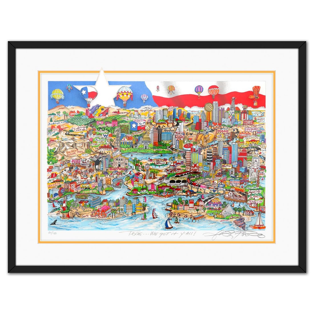 Charles Fazzino- 3D Construction Silkscreen Serigraph "Texas... We Got it Yall": Artist: Charles Fazzino. Medium: 3D Construction Silkscreen Serigraph. Title: Texas... We Got it Yall. Size: 17" x 23". Measures approx. 23" x 29" (framed). Signature: Hand signed and numbered. Certif