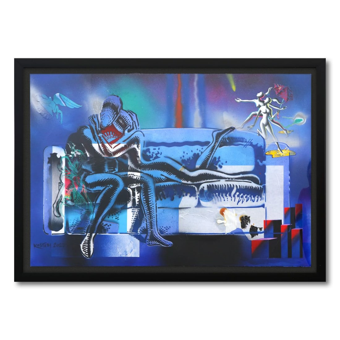Mark Kostabi- Original Mixed Media on Paper "Crystallized Moment": Artist: Mark Kostabi. Medium: Original Mixed Media on Paper. Title: Crystallized Moment. Size: 30" x 44". Measures approx. 35" x 49" (framed). Signature: Hand Signed by the artist. Certificate of Auth