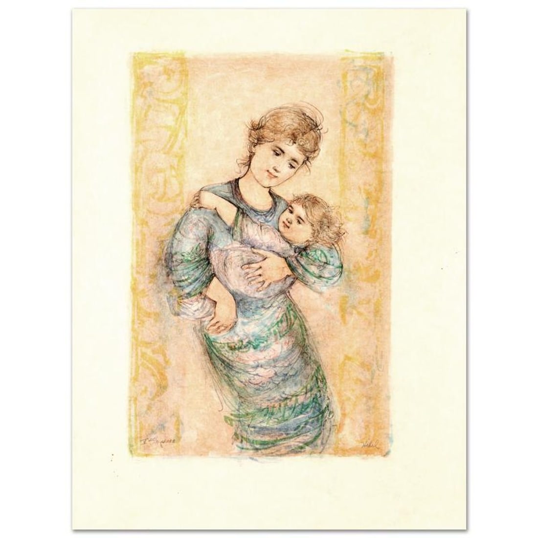 Fair Alice and Baby Limited Edition Lithograph by Edna Hibel (1917-2014), Numbered and Hand Signed: Fair Alice and Baby is a limited edition lithograph on rice paper, numbered and hand signed by Edna Hibel (1917-2014). Includes Certificate of Authenticity! Measures approx. 20" x 26.5" (with border),