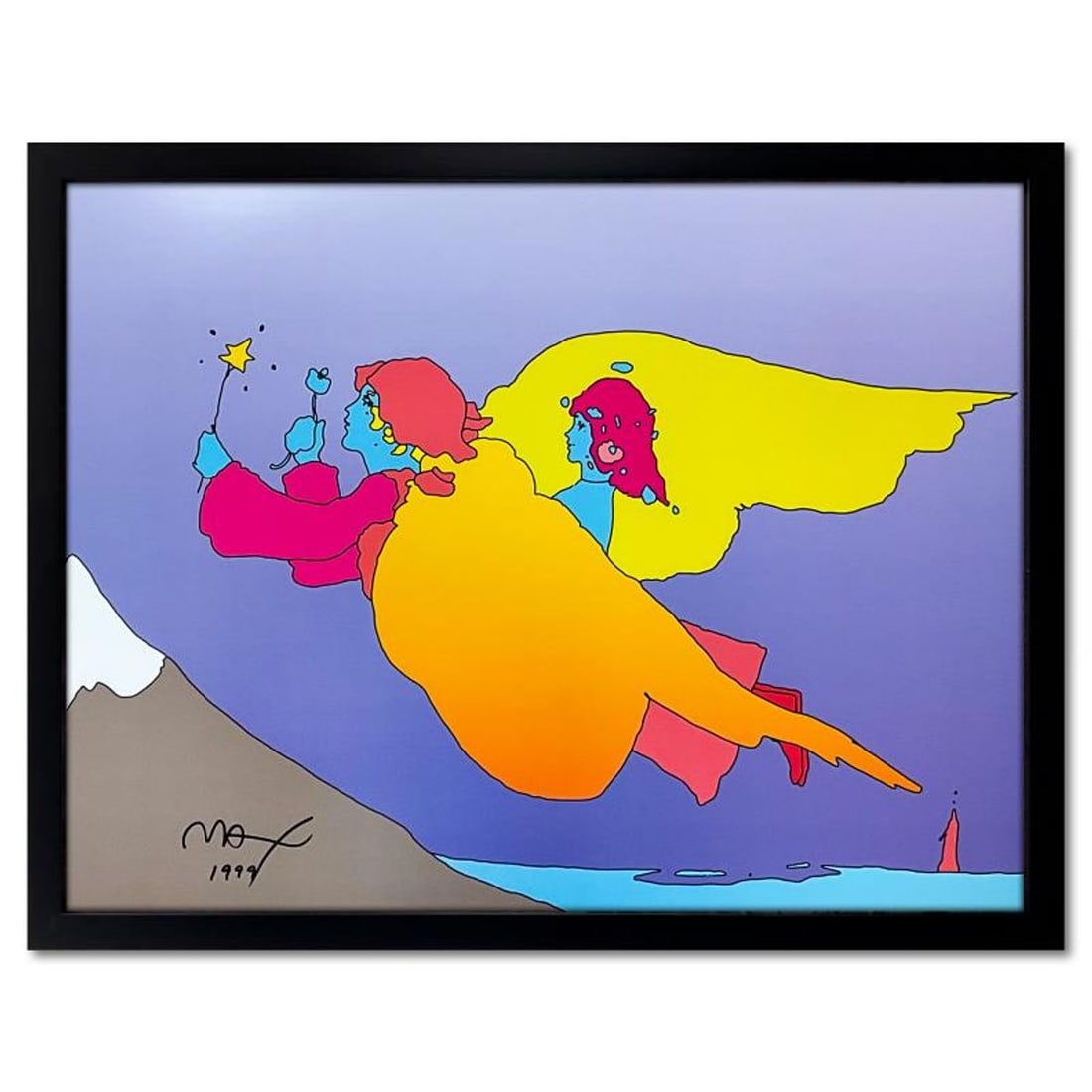 Peter Max, "Highest Mountain" Framed Hand Signed Offset Lithograph with Letter of Authenticity.: Highest Mountain is an offset lithograph on paper by Peter Max, hand signed by the artist. This piece comes custom framed. Includes Letter of Authenticity. Measures approx. 26" x 32.5" (frame), 22" x 