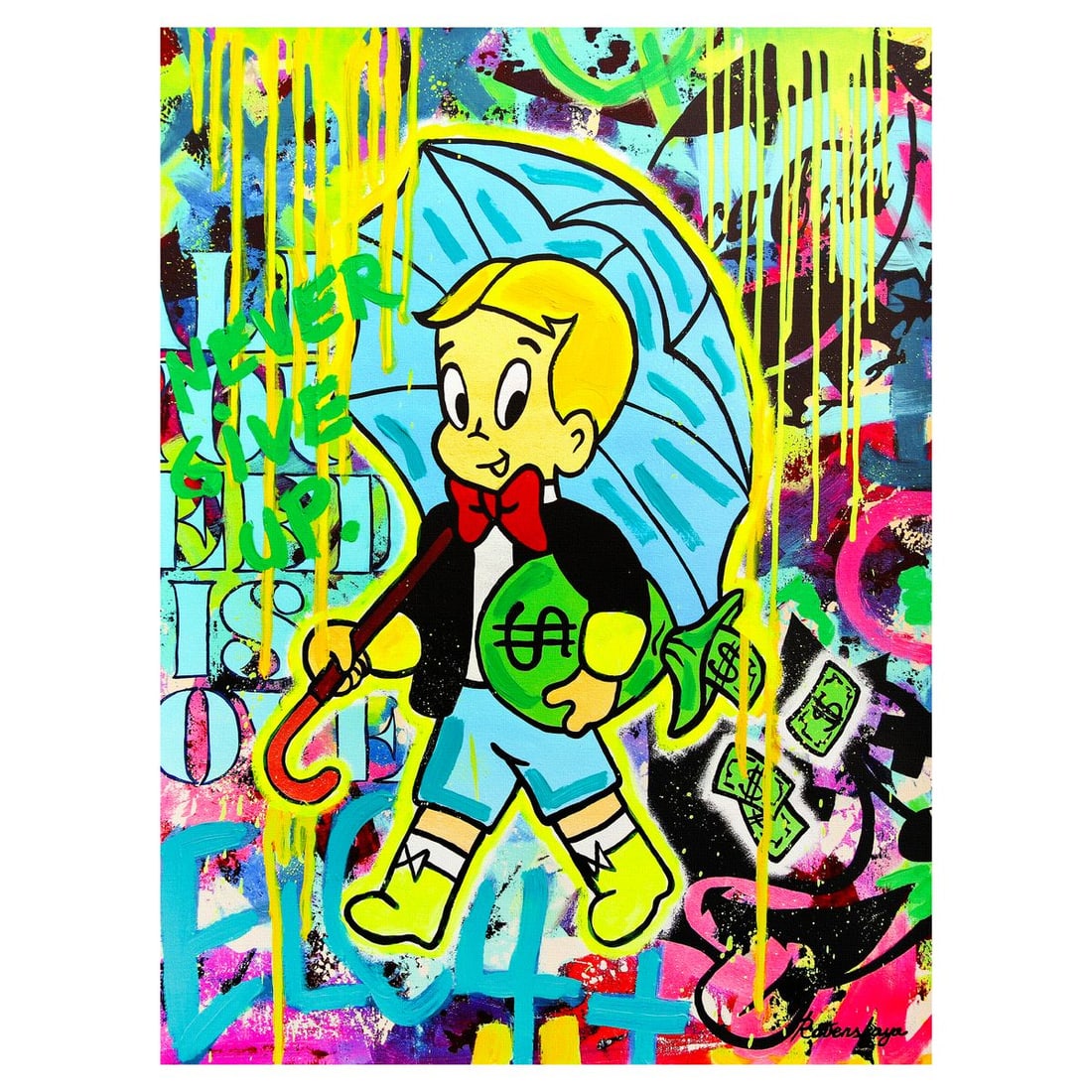Nastya Rovenskaya- Mixed Media on Canvas "Wealth Under Shelter": Artist: Nastya Rovenskaya. Medium: Mixed Media on Canvas. Title: Wealth Under Shelter. Size: 40" x 30". Signature: Hand Signed. Certificate of Authenticity: Is included. Reference#: 36719.