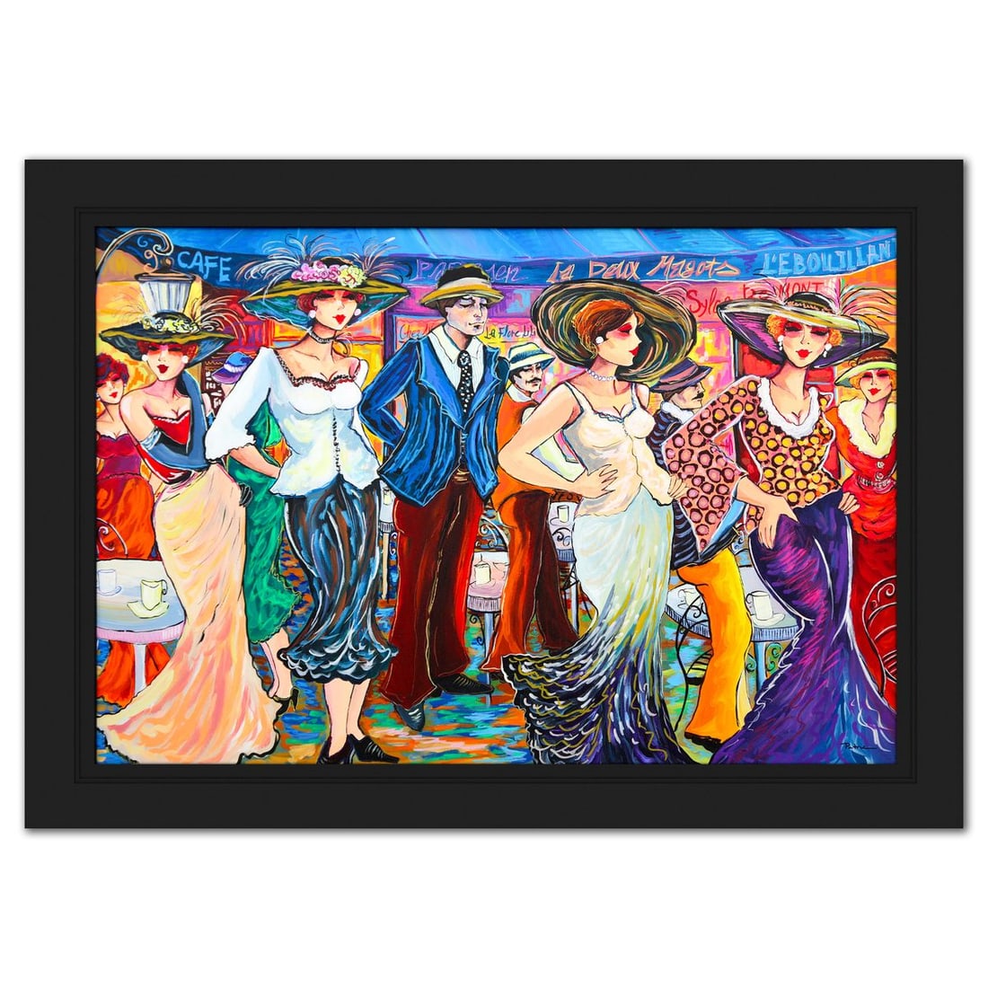 Patricia Govezensky- Original Acrylic on Canvas "Evening at the Cafe": Artist: Patricia Govezensky. Medium: Original Acrylic on Canvas. Title: Evening at the Cafe. Size: 24" x 36". Measures approx. 29" x 41" (framed). Signature: Hand signed. Certificate of Authenticity: 