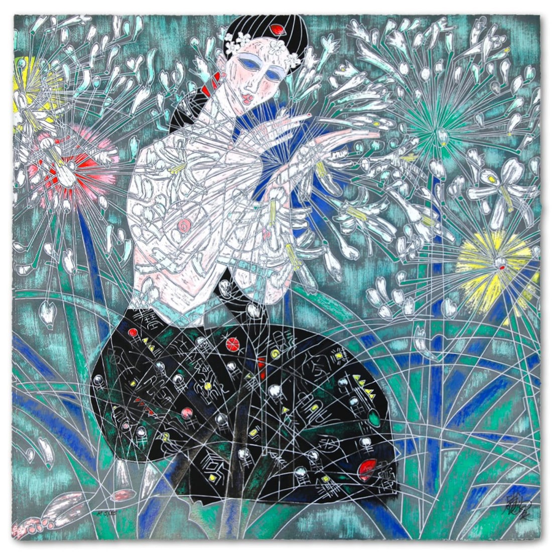 Jian Tie Feng- Silkscreen "Morning Flowers": Artist: Jian Tie Feng. Medium: Silkscreen. Title: Morning Flowers. Size: 33" x 33". Signature: Hand Signed and Numbered. Reference#: 80569.