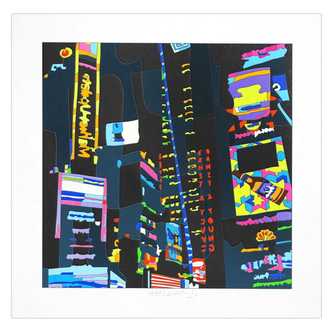 Ugo Nespolo- SIlkscreen on Paper "City by Night": Artist: Ugo Nespolo. Medium: SIlkscreen on Paper. Title: City by Night. Size: 16" x 16". Signature: Hand Signed and numbered. Certificate of Authenticity: Is included. Additional: Edition number might